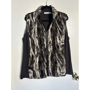 Susan Graver SG Faux Fur Sleeveless Jacket Vest Brown Mix Ponte Knit Large L
